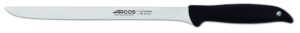 arcos slicing knife / ham knife 10 inch nitrum stainless steel and 240 mm blade. ergonomic polyoxymethylene pom handle. series menorca. handle made of lightbluish polypropylene. color black.