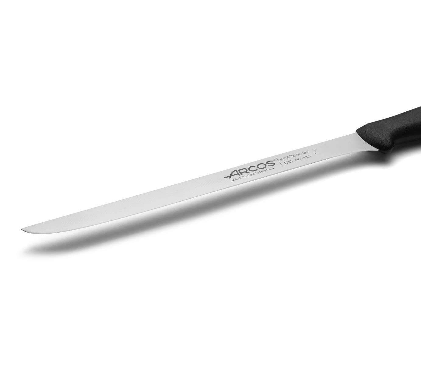 ARCOS Slicing Knife / Ham Knife 10 Inch Nitrum Stainless Steel and 240 mm blade. Ergonomic Polyoxymethylene POM Handle. Series Menorca. Handle made of lightbluish polypropylene. Color Black.