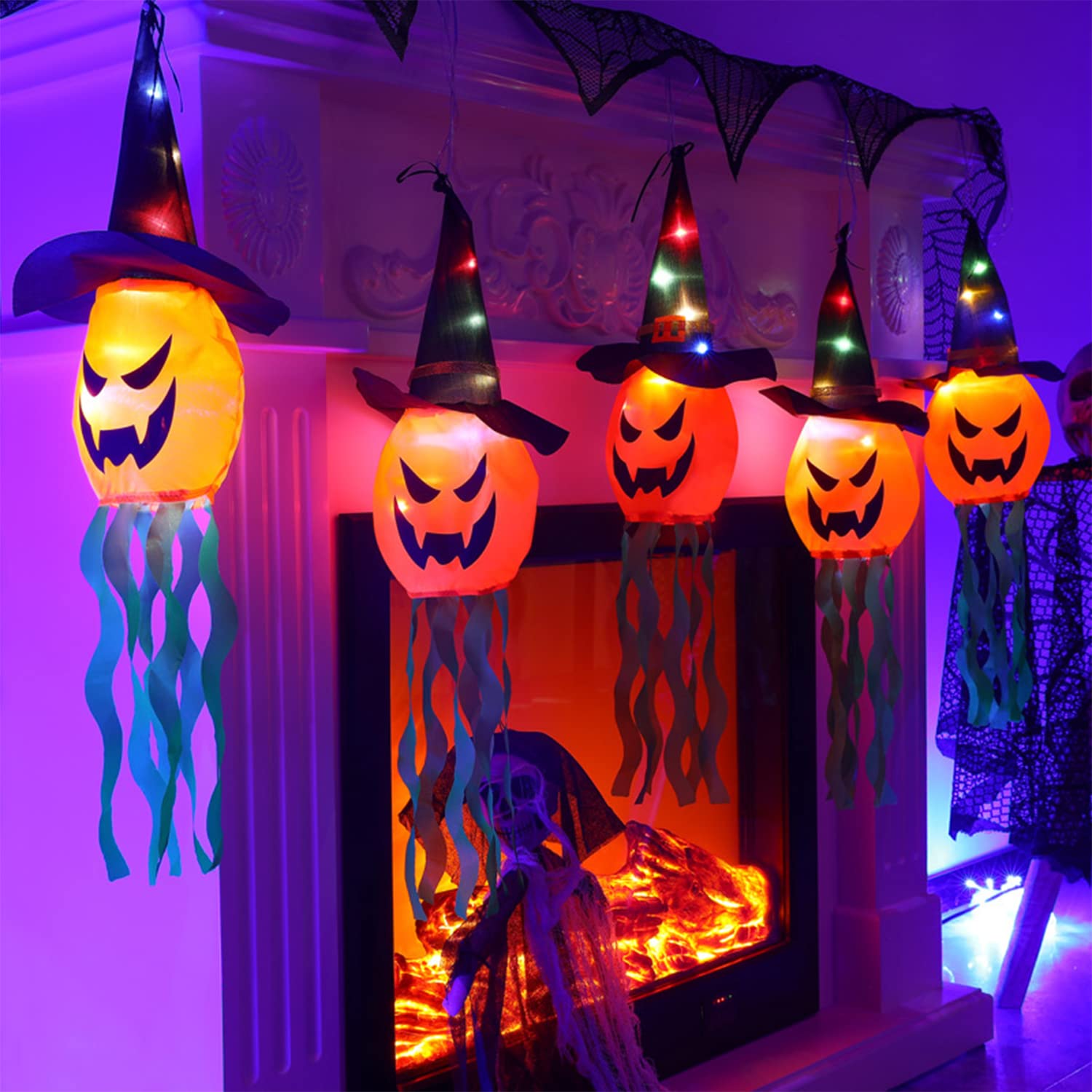 pxwodoft Halloween Pumpkin Lights,10ft Battery Operated 5 LEDs Halloween Decorations Outdoor Indoor String Lights, Scary Hanging Lighted Ghost Wizard Hat Decoration for Patio Garden Home Party Decor