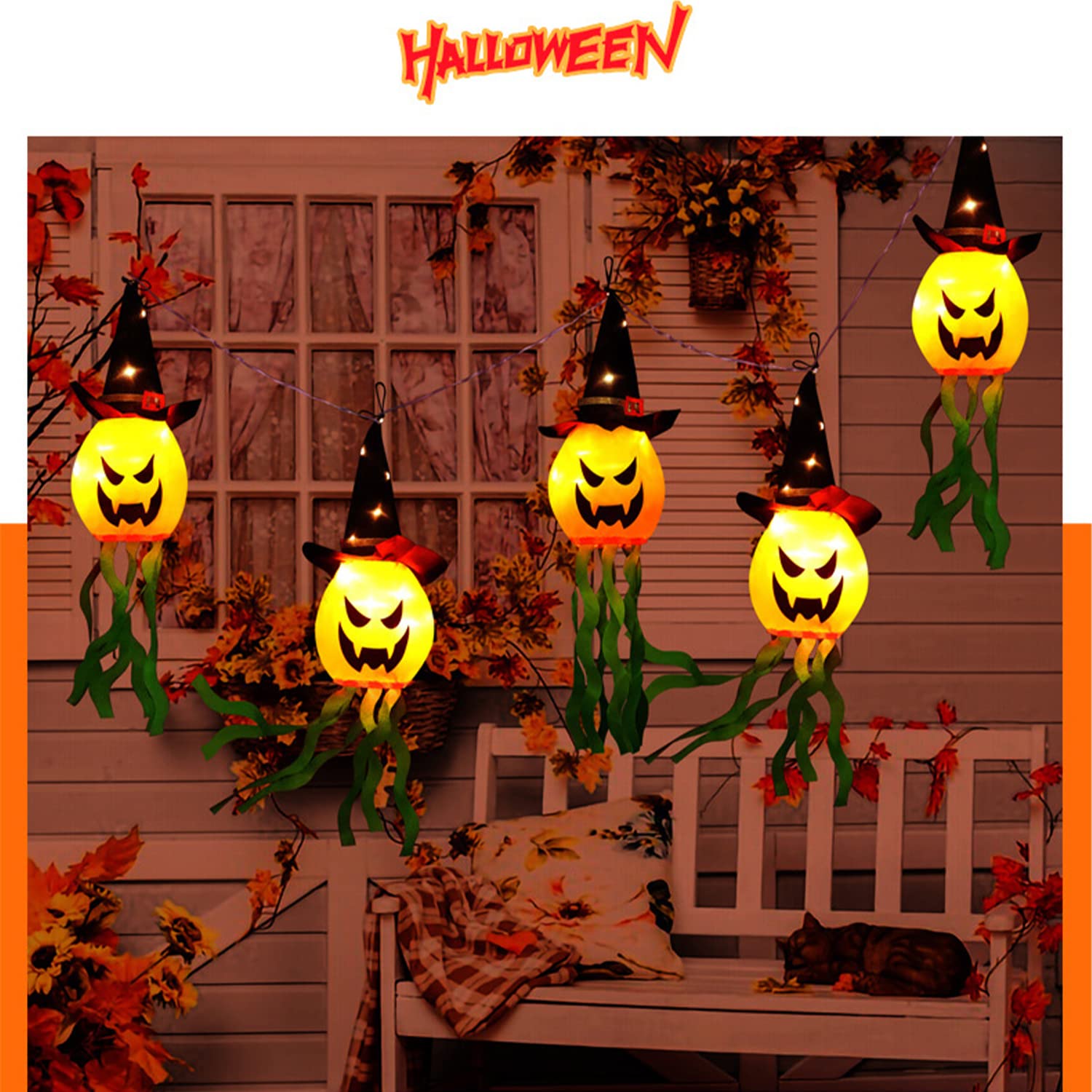 pxwodoft Halloween Pumpkin Lights,10ft Battery Operated 5 LEDs Halloween Decorations Outdoor Indoor String Lights, Scary Hanging Lighted Ghost Wizard Hat Decoration for Patio Garden Home Party Decor