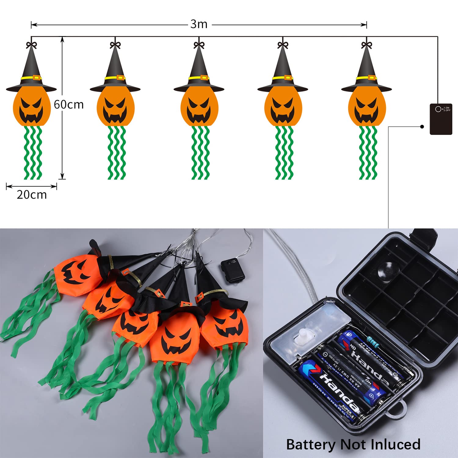 pxwodoft Halloween Pumpkin Lights,10ft Battery Operated 5 LEDs Halloween Decorations Outdoor Indoor String Lights, Scary Hanging Lighted Ghost Wizard Hat Decoration for Patio Garden Home Party Decor