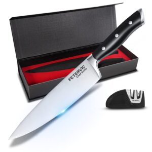 fetervic chef knife 8 inch chef's knife with knife sharpener, german high carbon stainless steel kitchen knife with triple-rriveted ergonomic handle & gift box