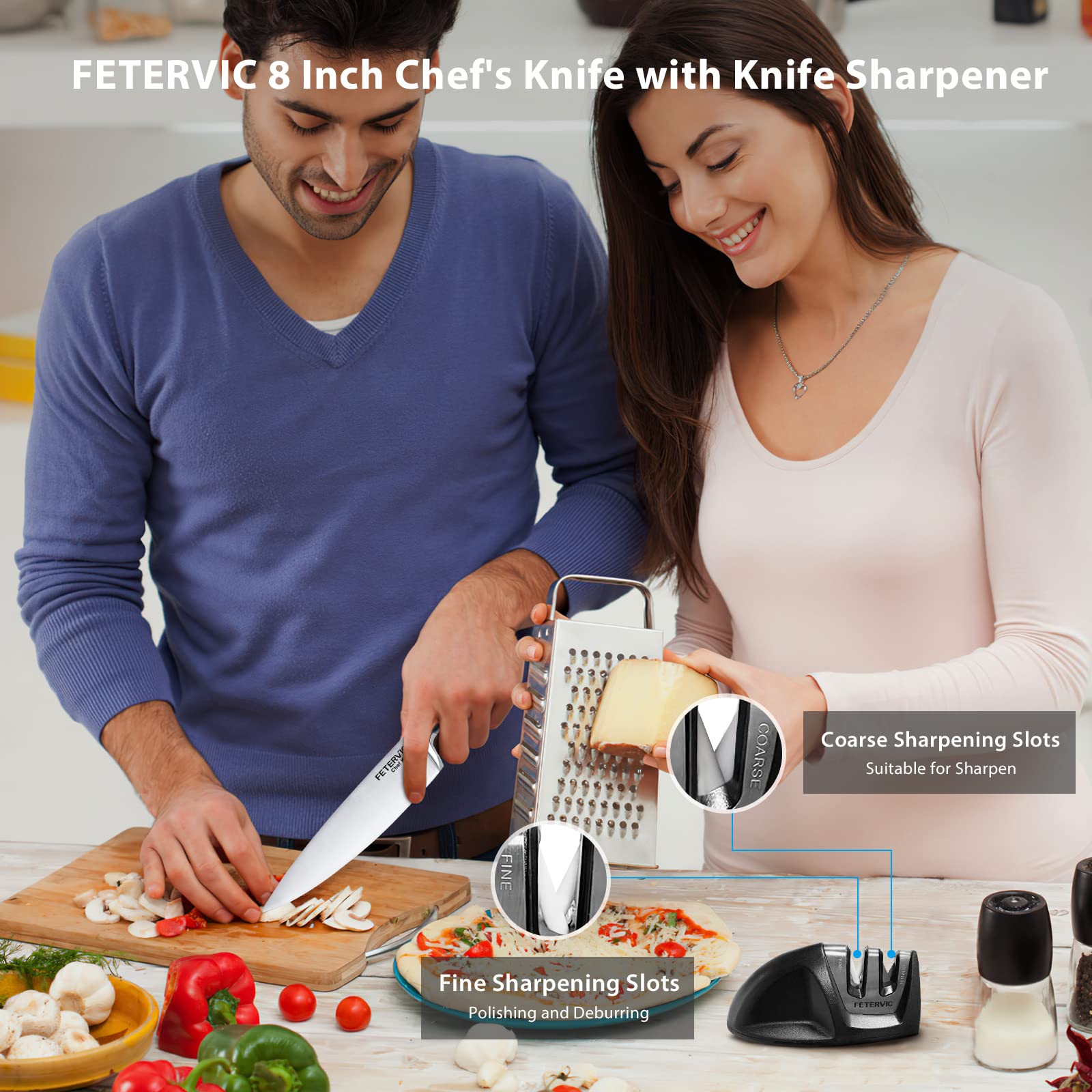 FETERVIC Chef Knife 8 Inch Chef's Knife with Knife Sharpener, German High Carbon Stainless Steel Kitchen Knife with Triple-Rriveted Ergonomic Handle & Gift Box