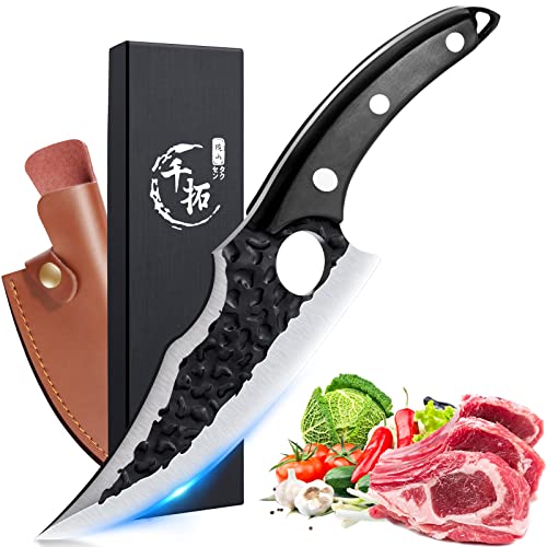 WUELY Chef Knife Viking Knife with Sheath Japanese Forged Kitchen Knives Multipurpose Meat Cleaver Boning Knife with Sheath and Gift Box for Kitchen Outdoor Camping BBQ