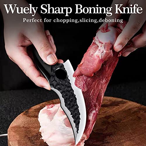 WUELY Chef Knife Viking Knife with Sheath Japanese Forged Kitchen Knives Multipurpose Meat Cleaver Boning Knife with Sheath and Gift Box for Kitchen Outdoor Camping BBQ