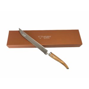 laguiole en aubrac cuisine gourmet stainless fully forged steel made in france bread serrated knife with olivewood handle, 9-in / 25cm