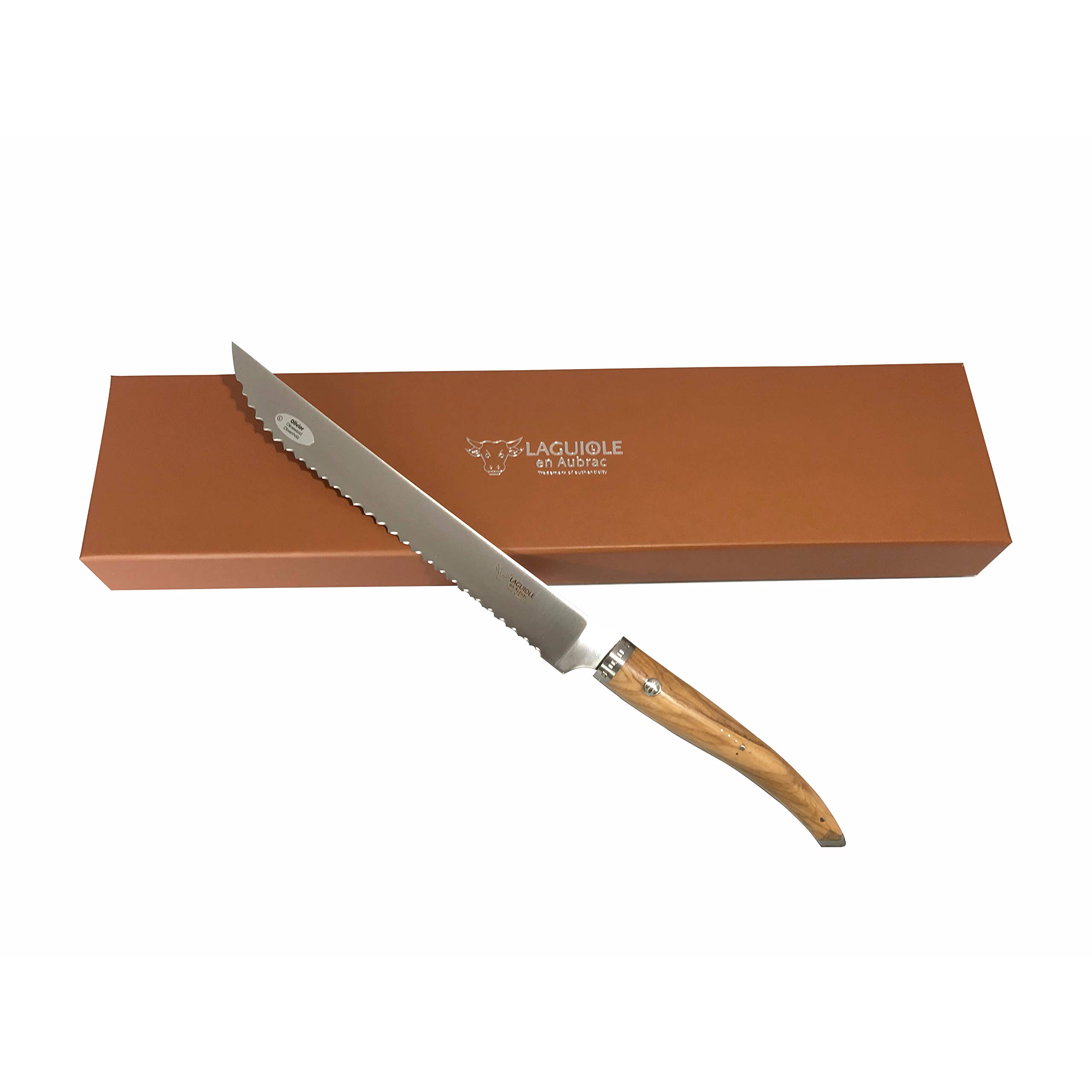 Laguiole en Aubrac Cuisine Gourmet Stainless Fully Forged Steel Made In France Bread Serrated Knife With Olivewood Handle, 9-in / 25cm