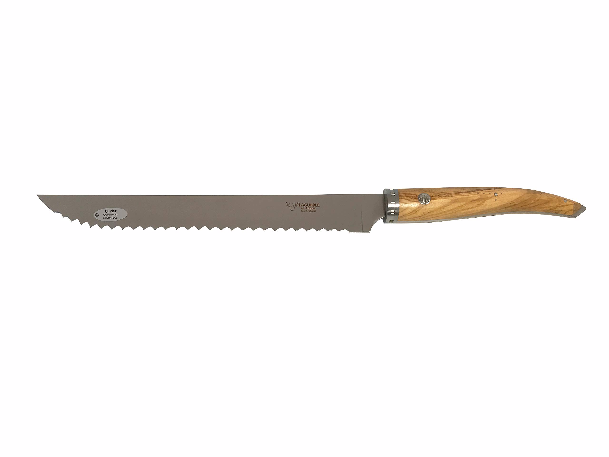 Laguiole en Aubrac Cuisine Gourmet Stainless Fully Forged Steel Made In France Bread Serrated Knife With Olivewood Handle, 9-in / 25cm