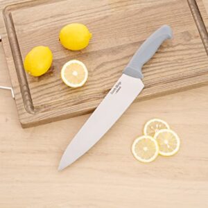 Restaurantware Comfy Grip 10 Inch Chef's Knife, 1 Sharp Cooking Knife - Ergonomic Handle, Non-Slip Grip, Gray Stainless Steel Kitchen Knife, Dishwashable, Slice, Dice, Mince, or Chop Ingredients