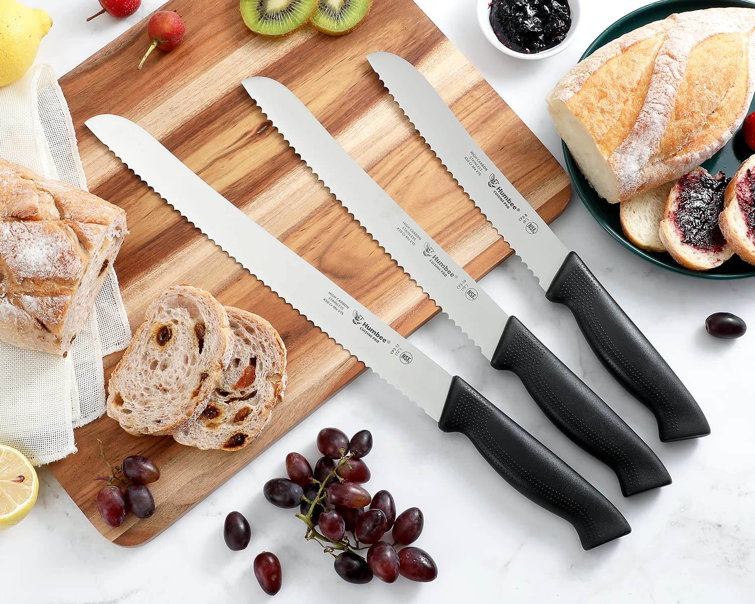 HUMBEE Cusine Pro, 12 inch Bread Knife, Serrated Knife Wave Razor-Sharp Blade Comfortable Grip Dishwasher Safe, NSF Certified,Black