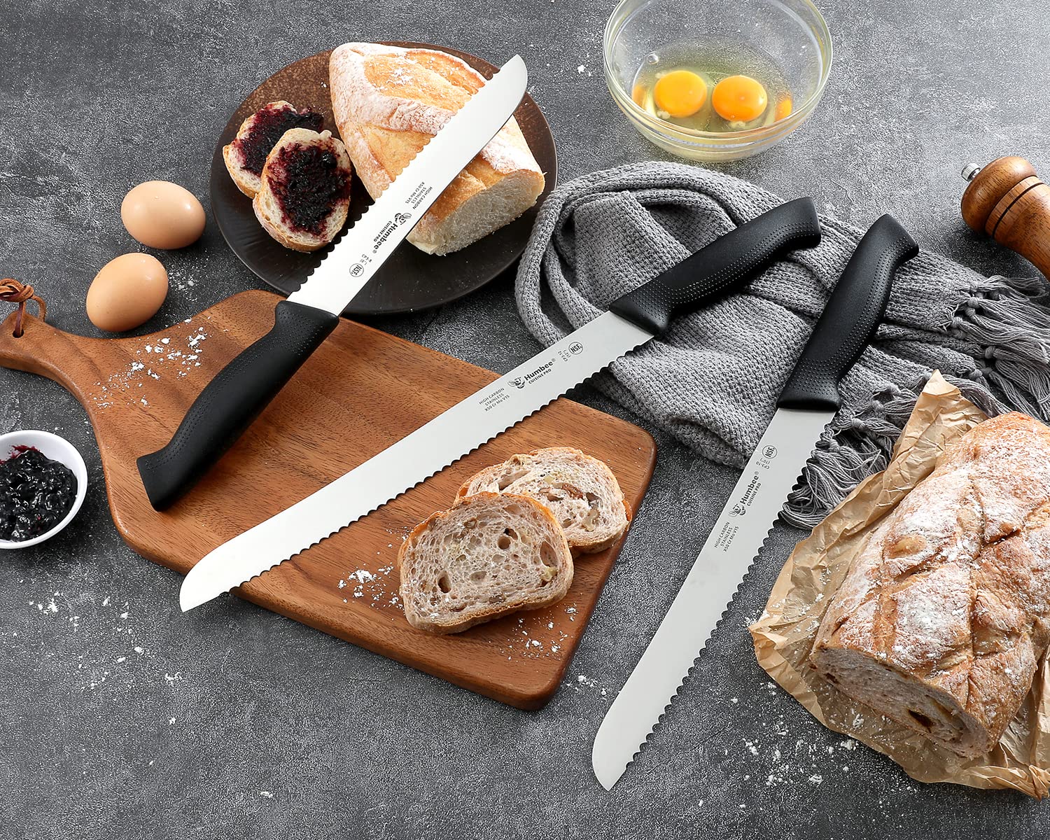 HUMBEE Cusine Pro, 12 inch Bread Knife, Serrated Knife Wave Razor-Sharp Blade Comfortable Grip Dishwasher Safe, NSF Certified,Black