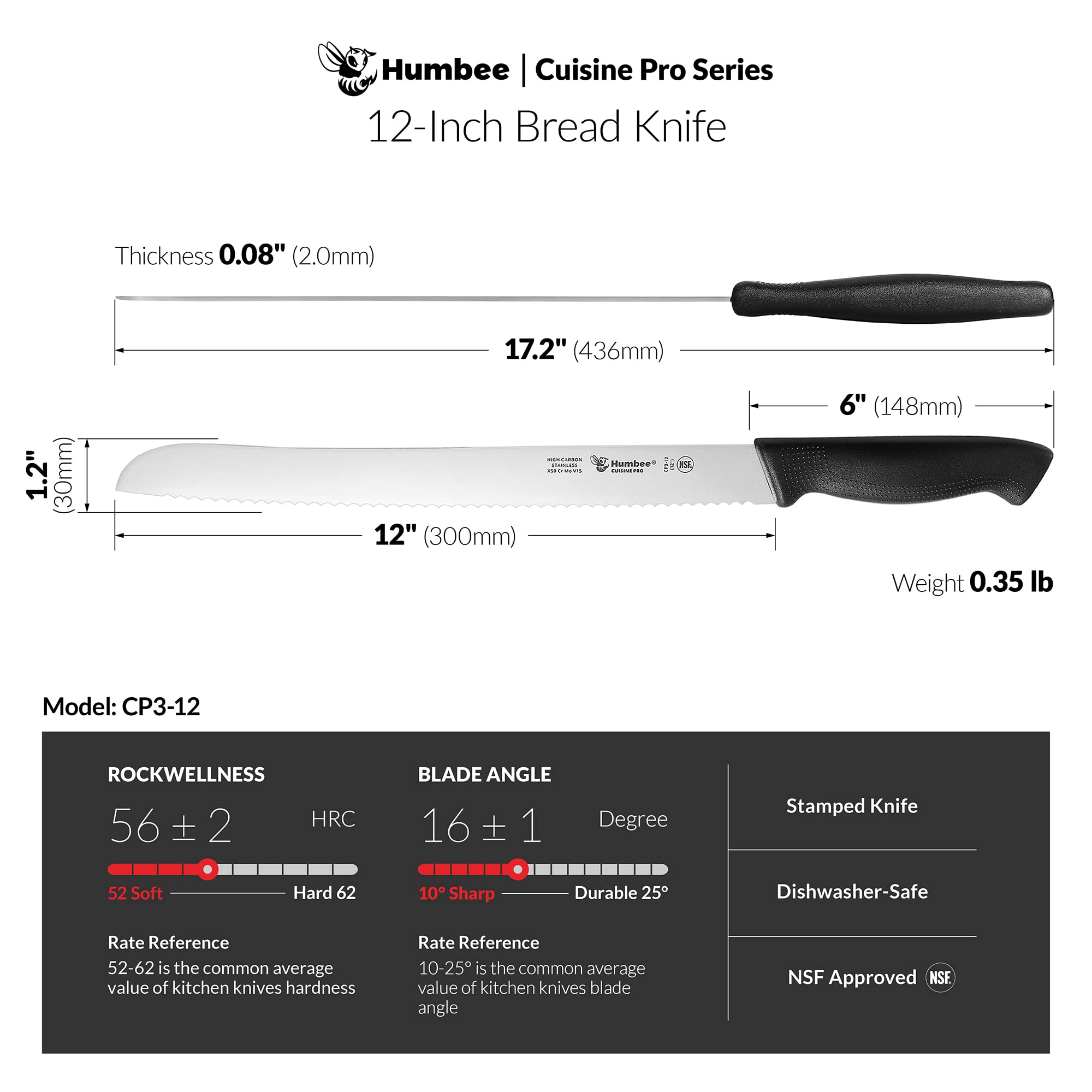 HUMBEE Cusine Pro, 12 inch Bread Knife, Serrated Knife Wave Razor-Sharp Blade Comfortable Grip Dishwasher Safe, NSF Certified,Black