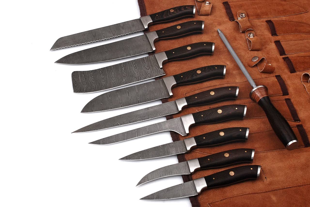 randy Handmade Damascus Kitchen Chef Knife Set - Professional Damascus Steel Knife Set - 10 pcs Japanese Damascus Knife Set With Leather Bag/Case(10801)