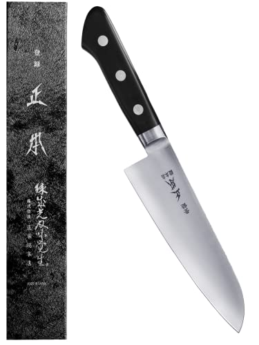 MASAMOTO VG Japanese Santoku Knife 7" (180mm) Made in JAPAN, Bunka Professional All Purpose Kitchen Knife, Super Sharp Japanese Stainless Steel Blade, Full Tang POM Handle, Black