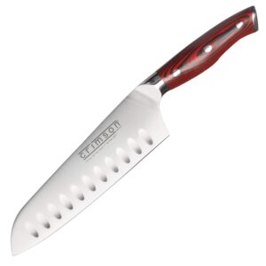 ergo chef crimson series 7" santoku japanese chef knife forged high carbon x50crmov15 german stainless steel - hollow ground blade - g10 handle