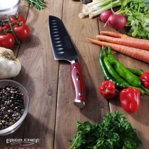 Ergo Chef Crimson Series 7" Santoku Japanese Chef Knife Forged High Carbon X50CrMoV15 German Stainless Steel - Hollow Ground Blade - G10 Handle