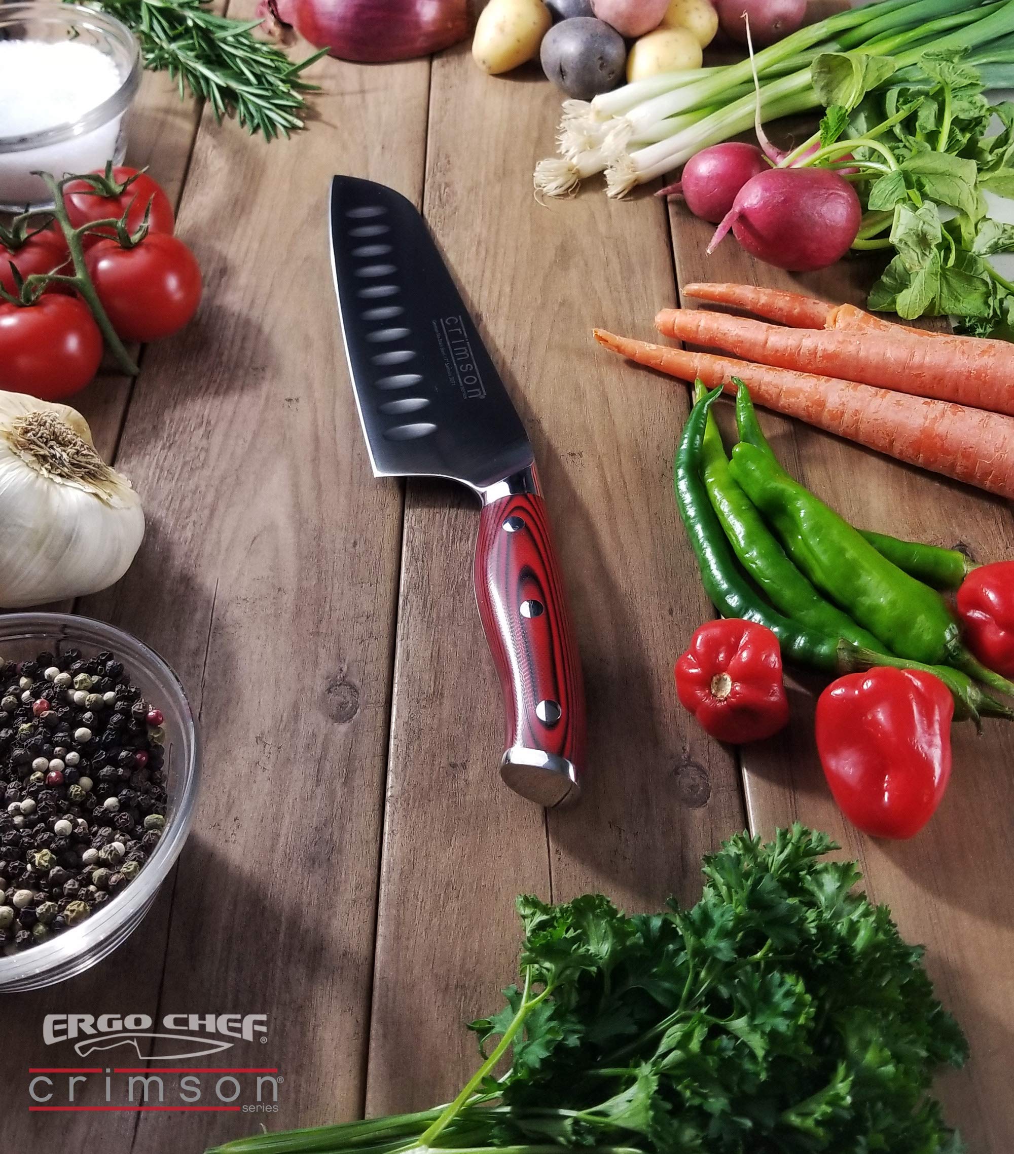 Ergo Chef Crimson Series 7" Santoku Japanese Chef Knife Forged High Carbon X50CrMoV15 German Stainless Steel - Hollow Ground Blade - G10 Handle