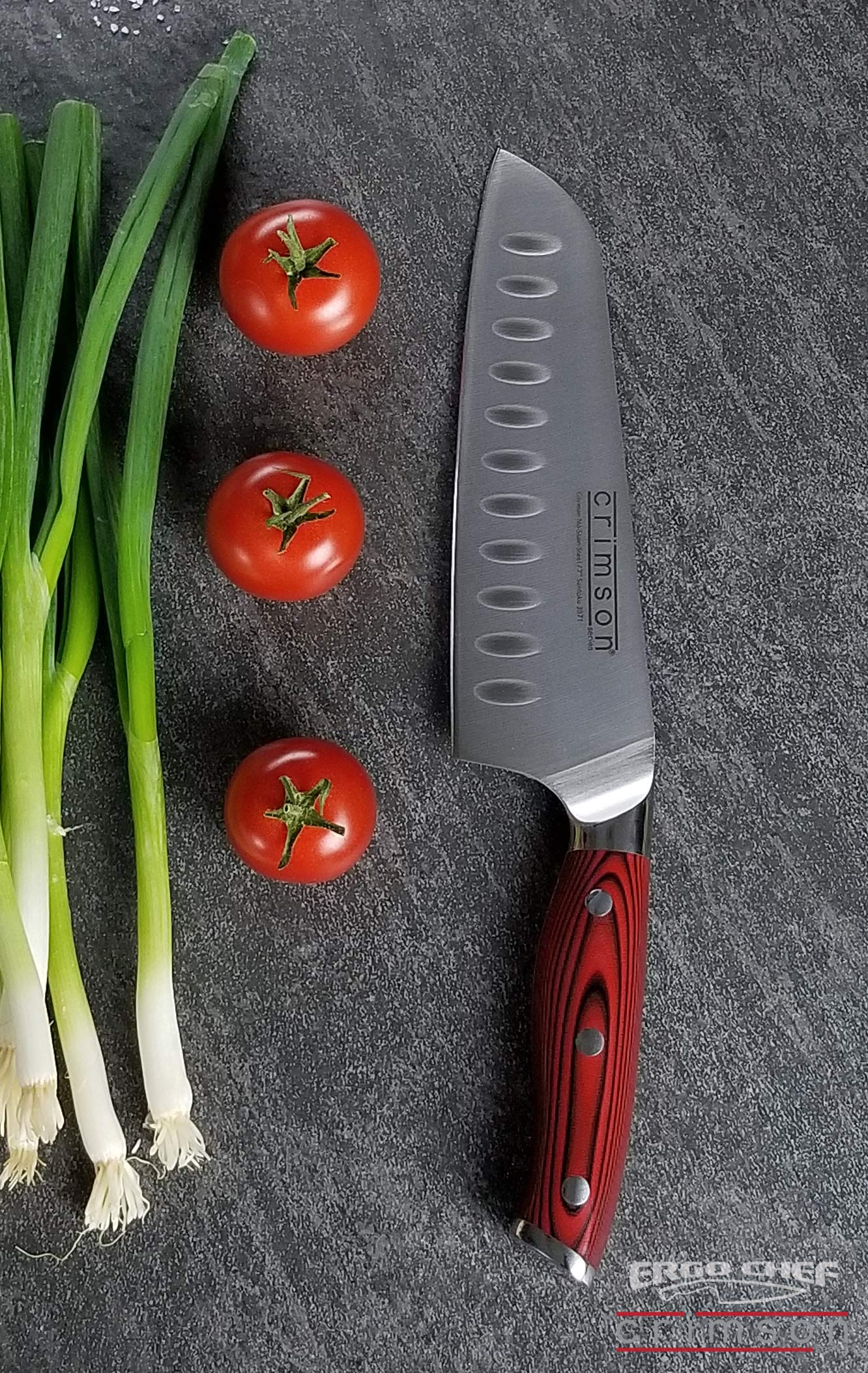 Ergo Chef Crimson Series 7" Santoku Japanese Chef Knife Forged High Carbon X50CrMoV15 German Stainless Steel - Hollow Ground Blade - G10 Handle