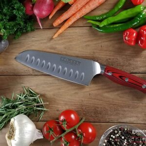 Ergo Chef Crimson Series 7" Santoku Japanese Chef Knife Forged High Carbon X50CrMoV15 German Stainless Steel - Hollow Ground Blade - G10 Handle