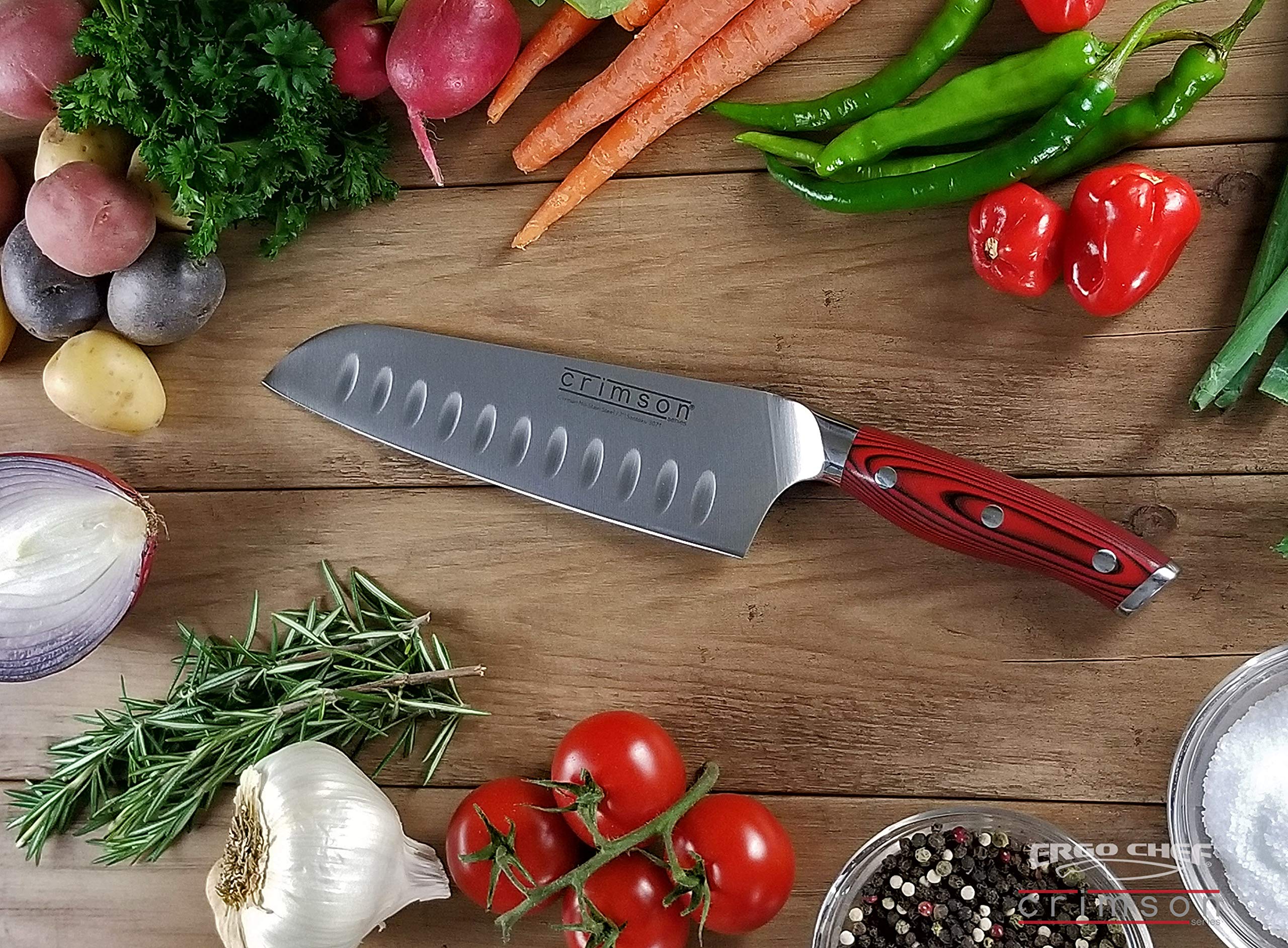 Ergo Chef Crimson Series 7" Santoku Japanese Chef Knife Forged High Carbon X50CrMoV15 German Stainless Steel - Hollow Ground Blade - G10 Handle