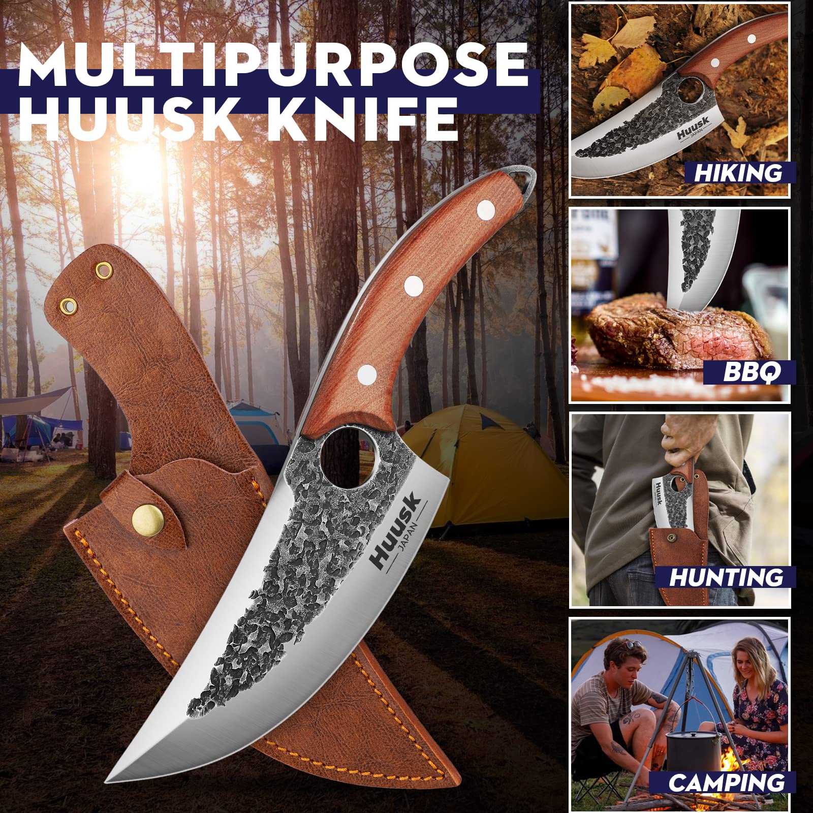 Huusk Upgraded Chef Knives Bundle with Kitchen Utility Knife Outdoor Camping Cooking Knife with Leather Sheath and Gift Box