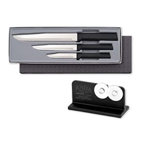 rada housewarming knife gift set – 3 piece black handle stainless steel knives with knife sharpener
