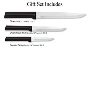 RADA Housewarming Knife Gift Set – 3 Piece Black Handle Stainless Steel Knives With Knife Sharpener