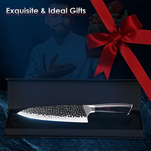 Chef Knife,8 Inch Professional Kitchen Knife, Japanese AUS-10 High Carbon Steel Sharp Meat Cutting Knife,Multi-Purpose Cooking Knife,Hammered Finish Chopping Knife with Ergonomic Handle and Gift Box