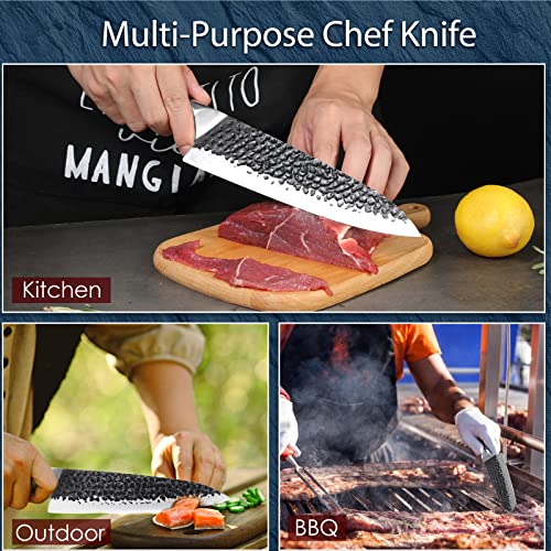 Chef Knife,8 Inch Professional Kitchen Knife, Japanese AUS-10 High Carbon Steel Sharp Meat Cutting Knife,Multi-Purpose Cooking Knife,Hammered Finish Chopping Knife with Ergonomic Handle and Gift Box