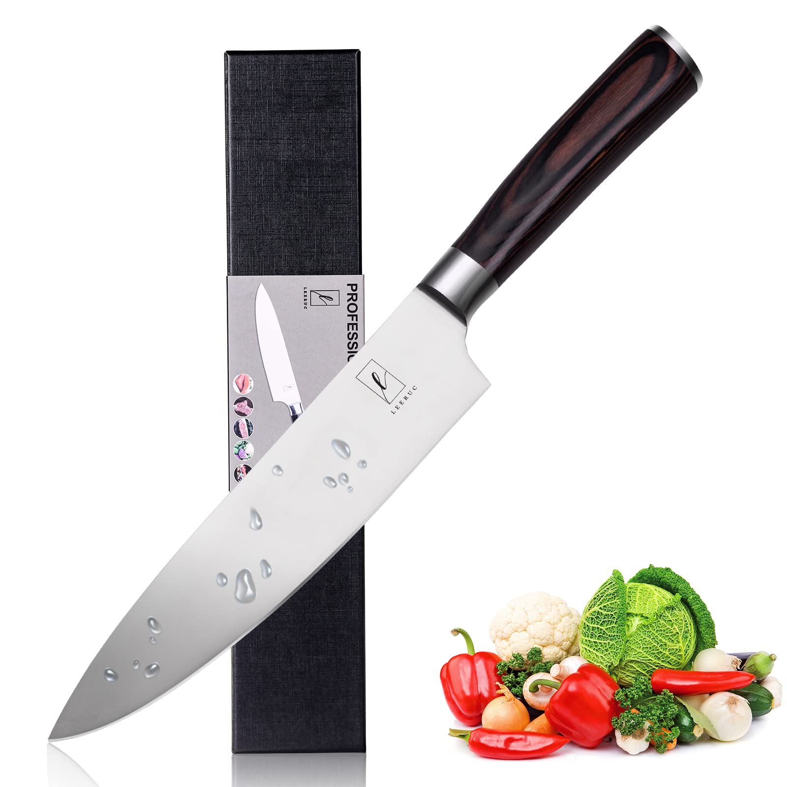 LEERUC Professional Japanese Chef's Knife - Premium High Carbon German Stainless Steel Kitchen Knifes 8 Inch Paring Knife Meat Knife with Ergonomic Handle and Gift Box, Ultra Sharp