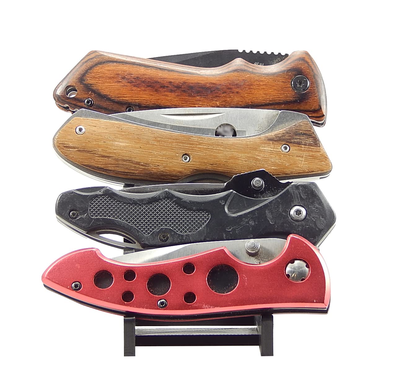 Black Knife Display Stand Rack Holder Organizer For 4 Pocket Knives - Holds Four Folded Blades - Sits On Flat Surface