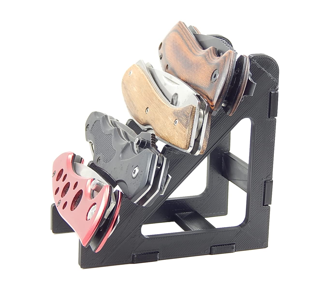 Black Knife Display Stand Rack Holder Organizer For 4 Pocket Knives - Holds Four Folded Blades - Sits On Flat Surface