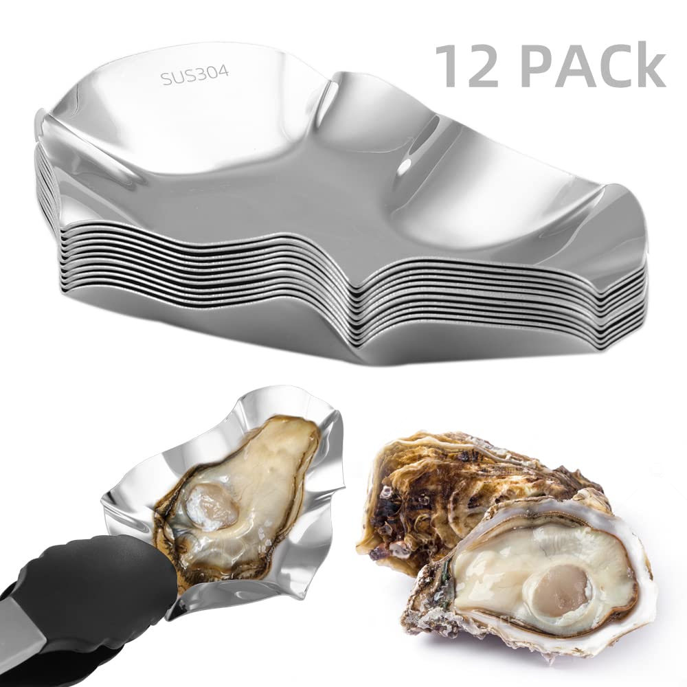 WENDOM 12pcs Oyster Plate Set Grillable Oyster Shells BBQ Oyster Grilling Pan Stainless Steel Reusable with 2pcs Oyster Shucking Knife and Food Tongs