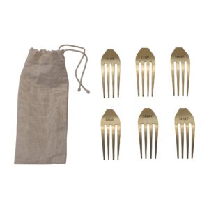creative co-op stainless steel fork cheese markers with drawstring bag, set of 6 cutlery, brass