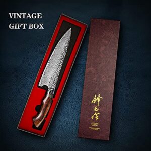 FZIZUO 8 inch damascus steel japanese chef knife,professional handmade desert Ironwood stabilized wood handle with sheath,cooking knives in home or restaurant kitchen