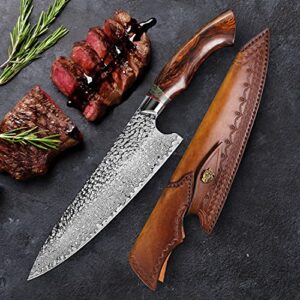 FZIZUO 8 inch damascus steel japanese chef knife,professional handmade desert Ironwood stabilized wood handle with sheath,cooking knives in home or restaurant kitchen