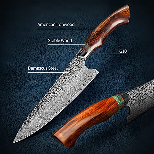 FZIZUO 8 inch damascus steel japanese chef knife,professional handmade desert Ironwood stabilized wood handle with sheath,cooking knives in home or restaurant kitchen