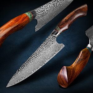 FZIZUO 8 inch damascus steel japanese chef knife,professional handmade desert Ironwood stabilized wood handle with sheath,cooking knives in home or restaurant kitchen