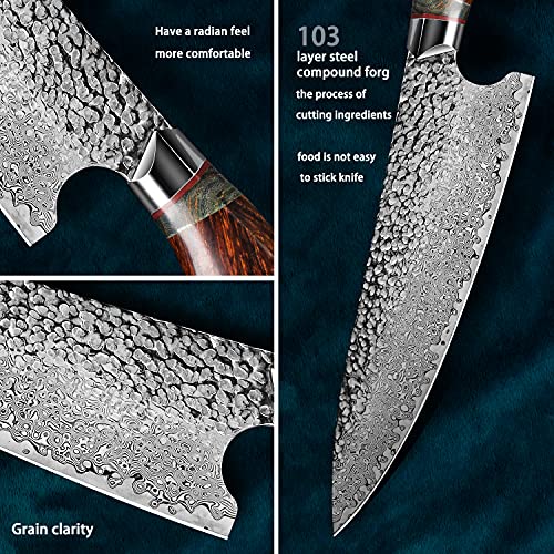 FZIZUO 8 inch damascus steel japanese chef knife,professional handmade desert Ironwood stabilized wood handle with sheath,cooking knives in home or restaurant kitchen