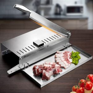 N / B Manual Meat Slicer, Stainless Steel Frozen Meat Slicer, Sharp Blade, Fast Cutting, with Side Tray, for Home Use Beef Mutton Bacon Cheese Nougat Deli