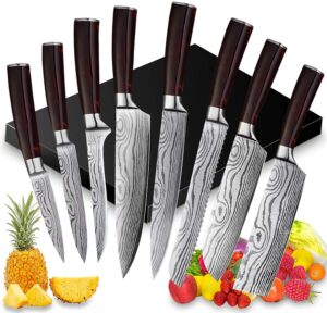 uniquefire chef knife set 8 pcs, professional kitchen knives set, ultra-sharp german high carbon stainless steel cooking knives sets for home & restaurant, ergonomic red-wood handle with gift box