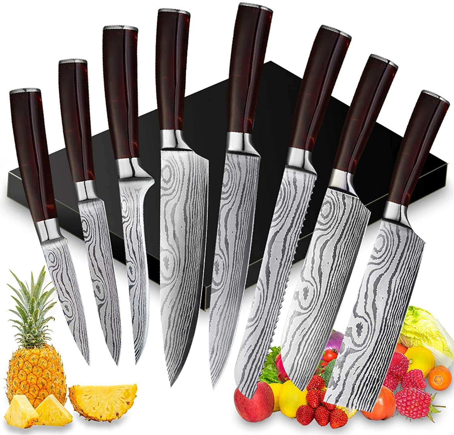 UniqueFire Chef Knife Set 8 PCS, Professional Kitchen Knives set, Ultra-sharp German high carbon stainless steel cooking knives sets for Home & Restaurant, Ergonomic Red-wood Handle with Gift Box