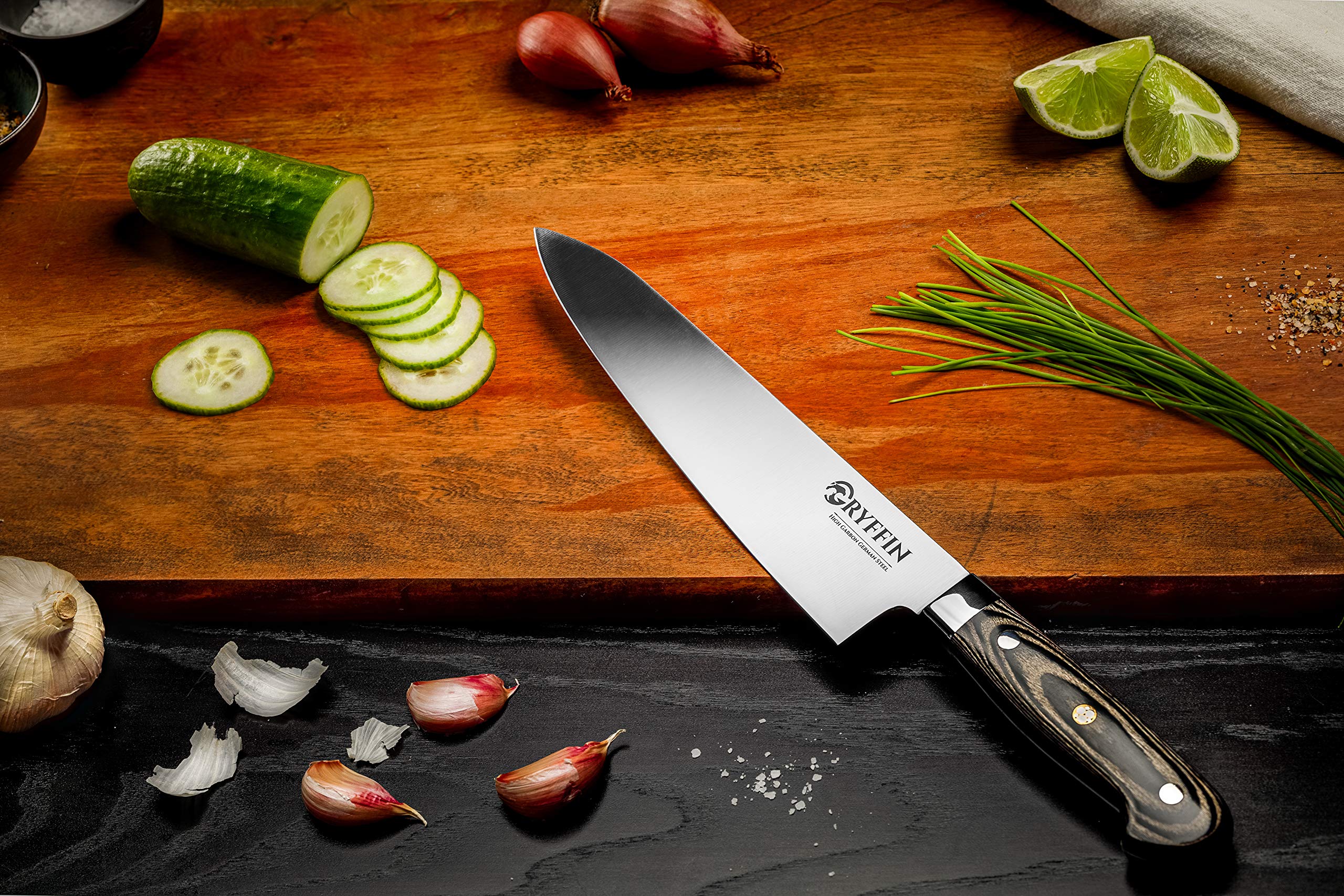 Gryffin Chef Knife 8 inch High Carbon German Steel Full tang for Kitchen with ergonomic pakkawood handle ultra sharp blade edge