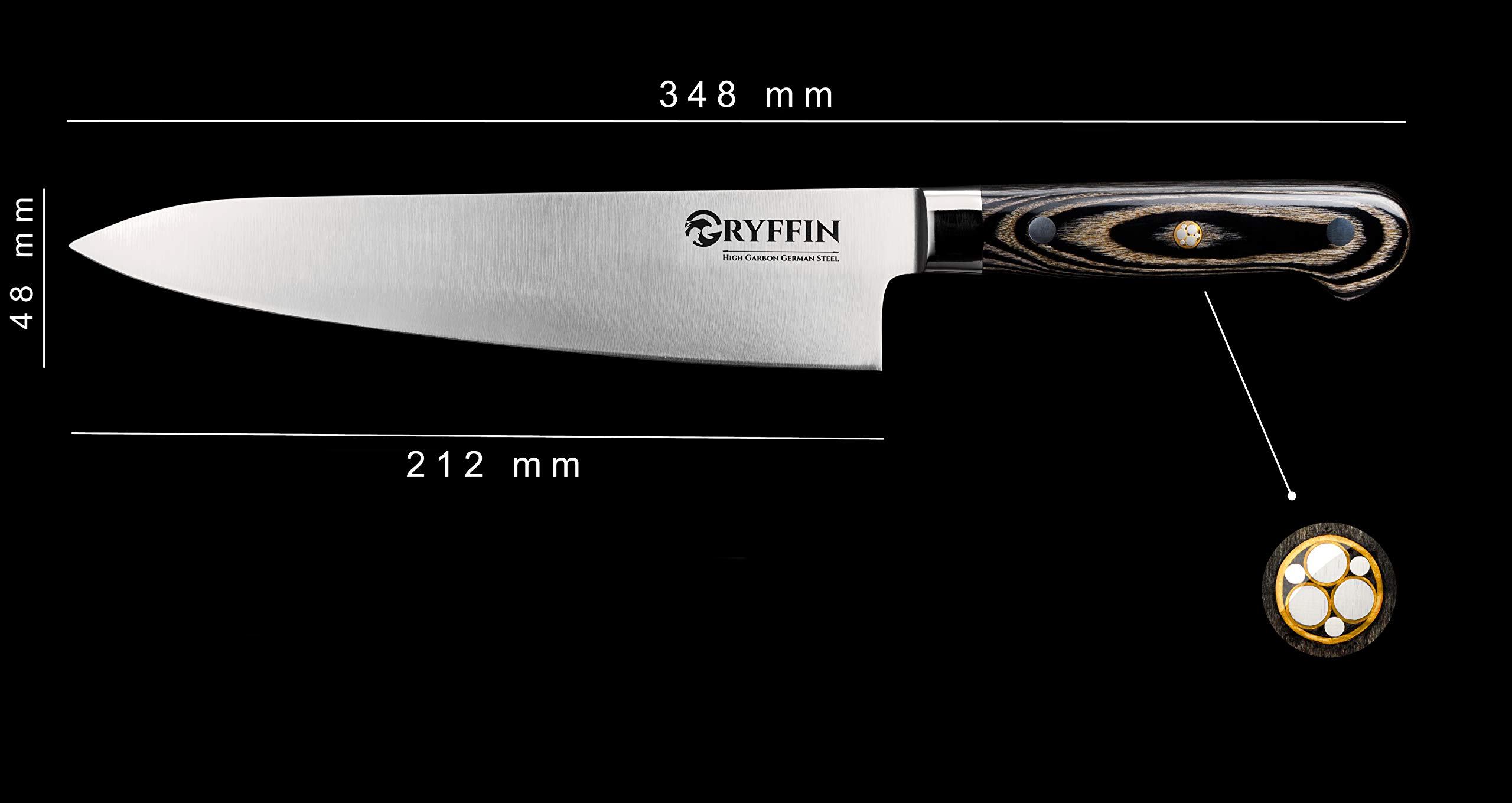 Gryffin Chef Knife 8 inch High Carbon German Steel Full tang for Kitchen with ergonomic pakkawood handle ultra sharp blade edge