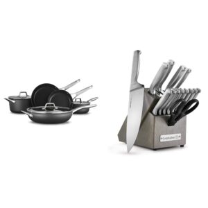 calphalon 8-piece pots and pans set, nonstick kitchen cookware, black & kitchen knife set with self-sharpening block, 15-piece classic high carbon knives