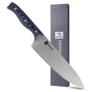 keensun chef knife - 8 inch professional kitchen knife rust resistant vg10 stainless steel chef kitchen ultra sharp cooking knife with blue-black g10 handle and stonewash blade