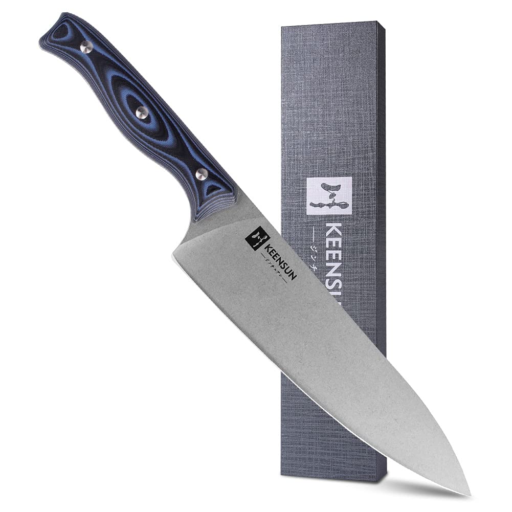 KEENSUN Chef Knife - 8 Inch Professional Kitchen Knife Rust Resistant VG10 Stainless Steel Chef Kitchen Ultra Sharp Cooking Knife with Blue-Black G10 Handle and Stonewash Blade