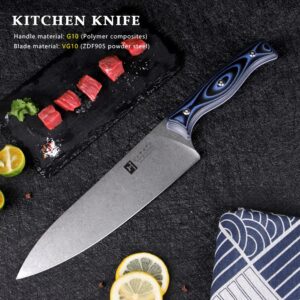 KEENSUN Chef Knife - 8 Inch Professional Kitchen Knife Rust Resistant VG10 Stainless Steel Chef Kitchen Ultra Sharp Cooking Knife with Blue-Black G10 Handle and Stonewash Blade