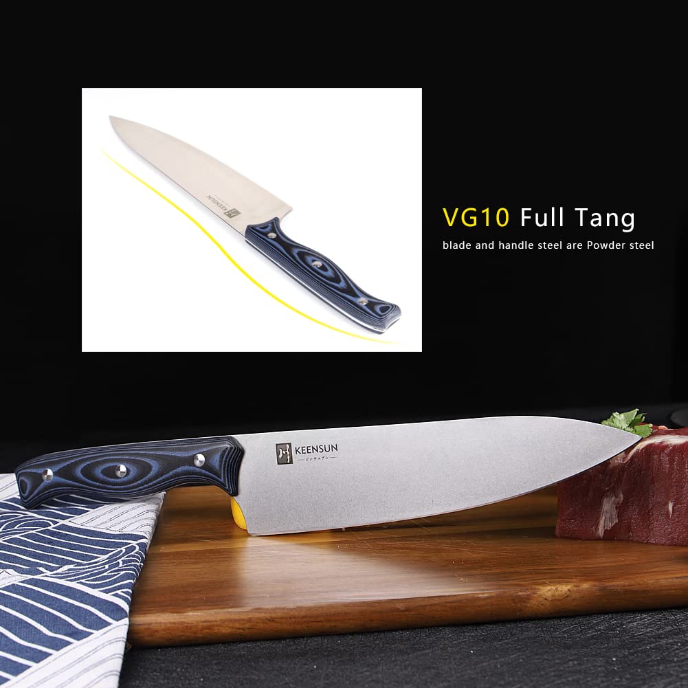 KEENSUN Chef Knife - 8 Inch Professional Kitchen Knife Rust Resistant VG10 Stainless Steel Chef Kitchen Ultra Sharp Cooking Knife with Blue-Black G10 Handle and Stonewash Blade
