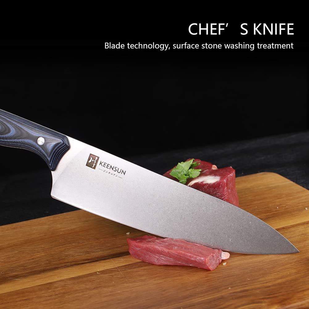 KEENSUN Chef Knife - 8 Inch Professional Kitchen Knife Rust Resistant VG10 Stainless Steel Chef Kitchen Ultra Sharp Cooking Knife with Blue-Black G10 Handle and Stonewash Blade